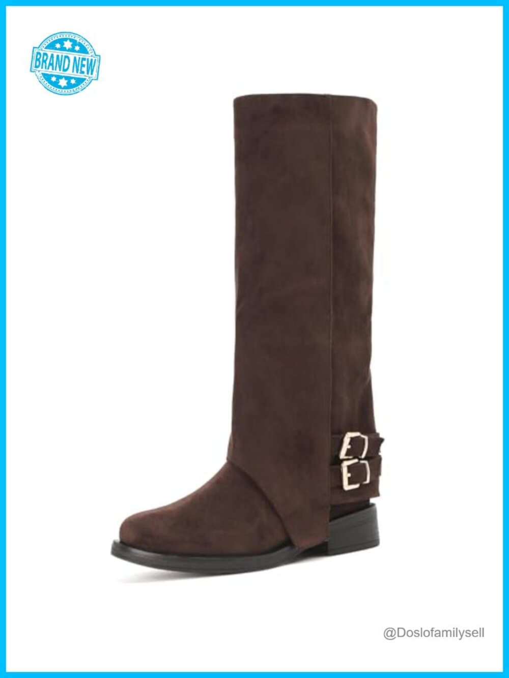 Faux Suede Knee High Boots Fold Over Block Heel Round Toe